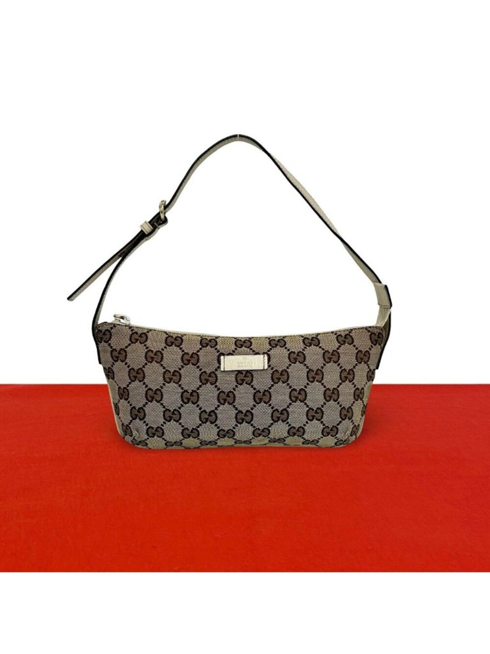 Gucci GG Pattern Canvas Logo Stamp Leather Mini Handbag Pouch Brown Ivory